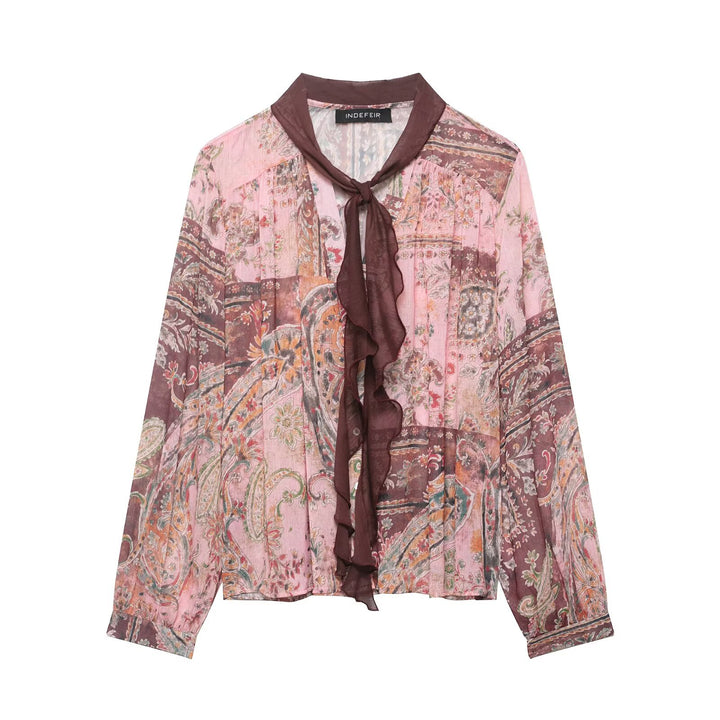 Damen Chiffonbluse im Paisley-Print mit Schleifenkragen und Rüschenfront Drune