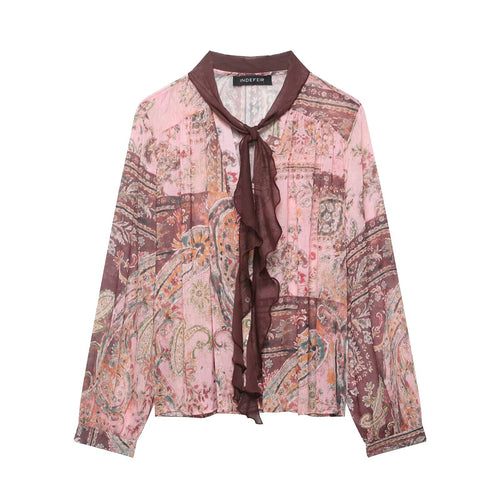 Damen Chiffonbluse im Paisley-Print mit Schleifenkragen und Rüschenfront Drune
