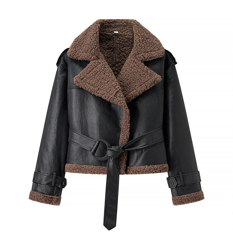Damen Modische Kunstlederjacke mit kuscheligem Innenfutter und Bindegürtel Drune