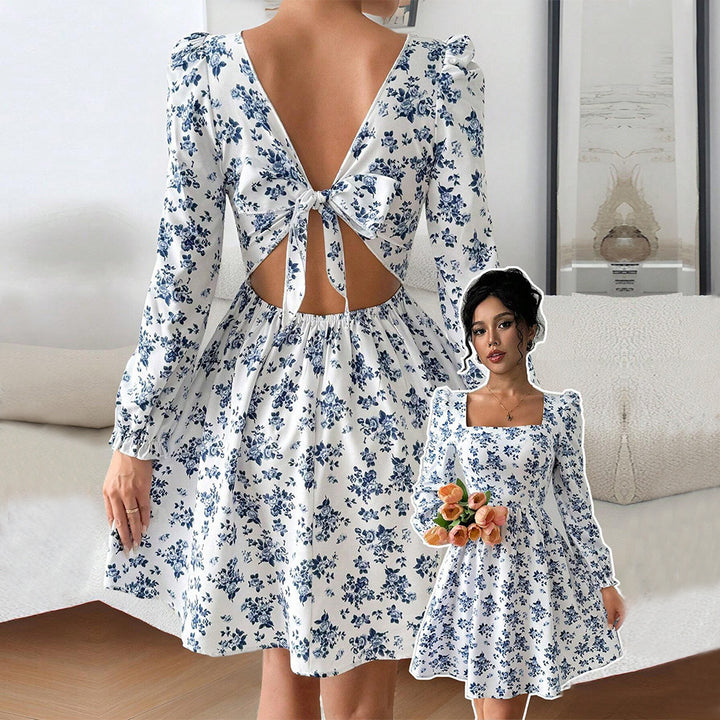 Damen florales Minikleid mit quadratischem Ausschnitt tailliertem Schößchen und langen Puffärmeln Drune