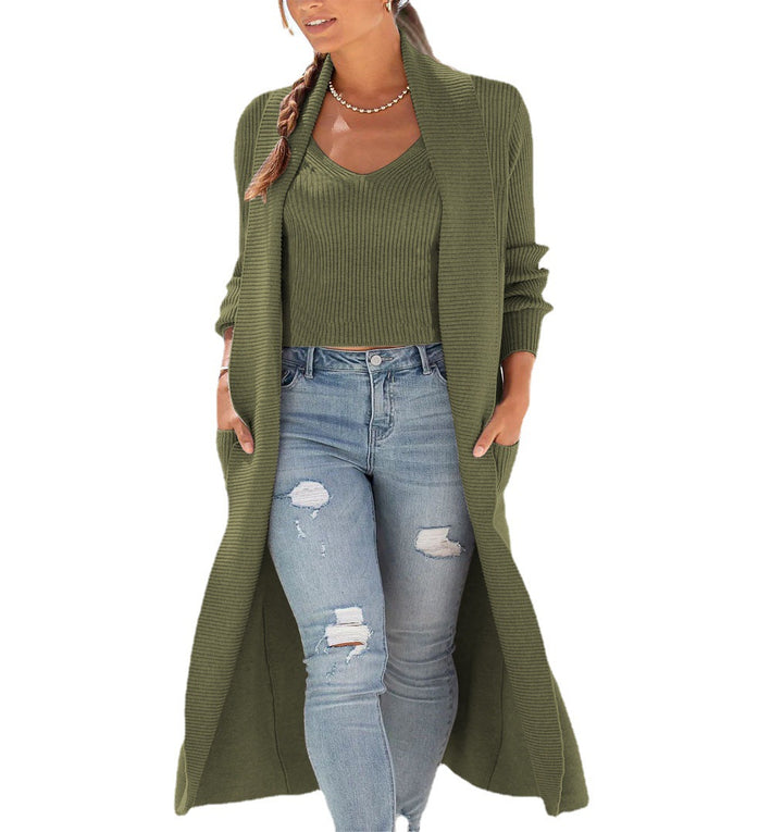 Damen Longline-Strickset mit offenem Longcardigan, Schalkragen und geripptem Crop-Top Drune