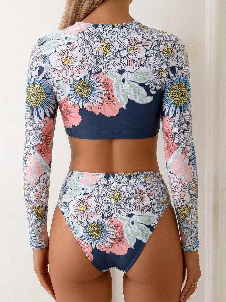 Damen Crop-Top Bade-Set mit floralem Design und hohem Beinausschnitt Drune