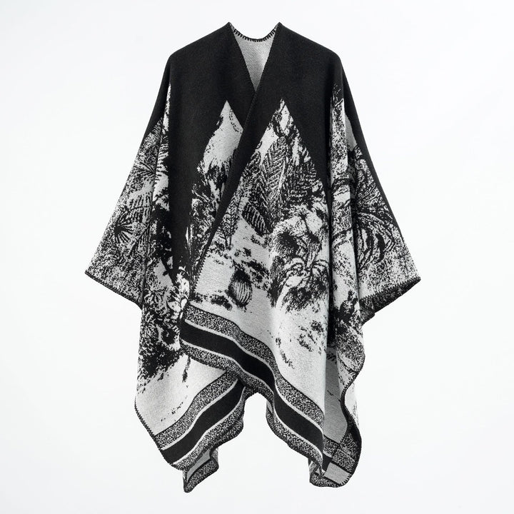 Damen Capeponcho aus Wollmix mit zweifarbiger Jacquardstruktur und Zierstichrand Drune