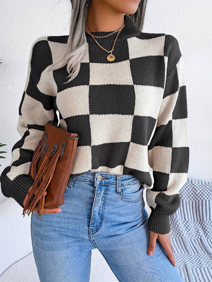 Damen lässiger pullover mit Karo-Muster und weiten Ärmeln Drune