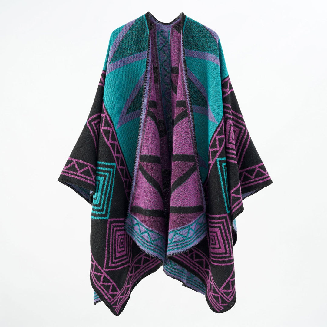 Damen Geometrischer Wollmix-Überwurfponcho mit Kettelkante Drune