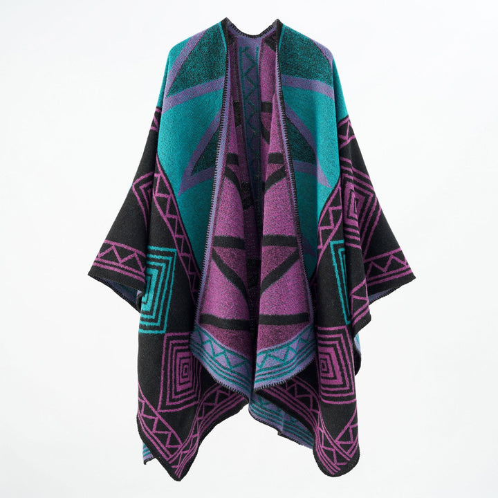 Damen Geometrischer Wollmix-Überwurfponcho mit Kettelkante Drune