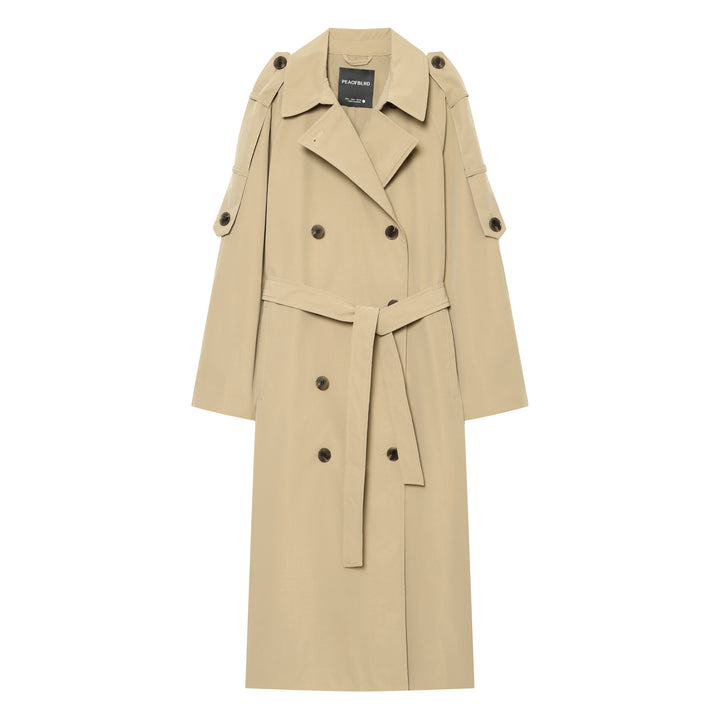 Damen Lange klassische Zweireiher‑Trench mit Bindegürtel und Ärmelriegel Drune