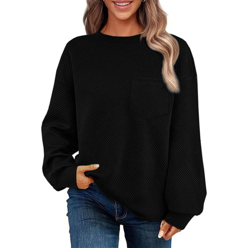 Damen lässiger Pullover mit strukturiertem Muster und praktischer Brusttasche Drune
