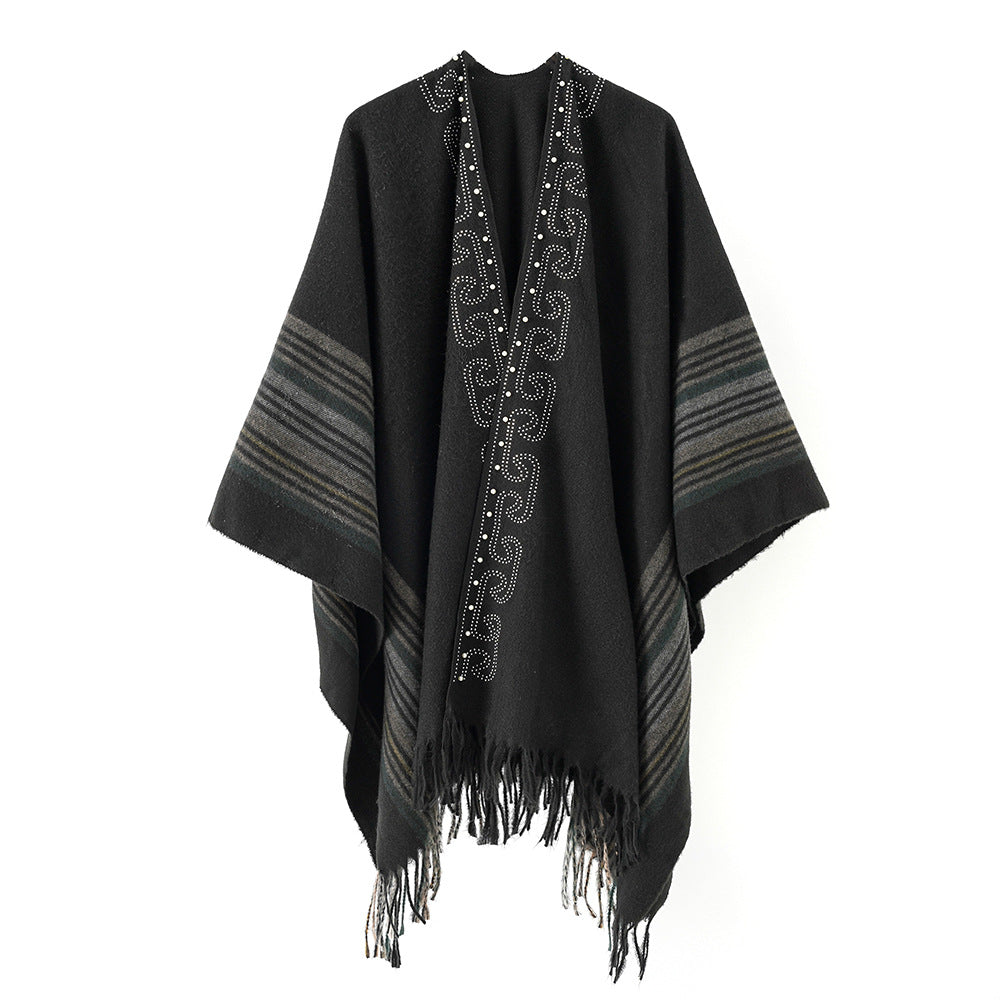 Damen Wollmix-Poncho im Kimono-Stil mit Nietenbordüre und Fransensaum Drune