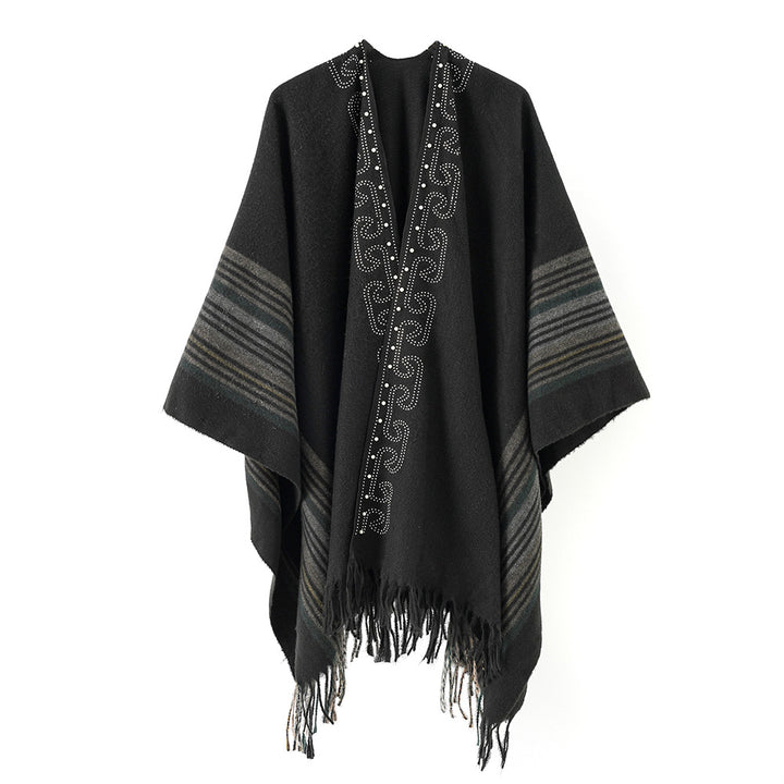 Damen Wollmix-Poncho im Kimono-Stil mit Nietenbordüre und Fransensaum Drune