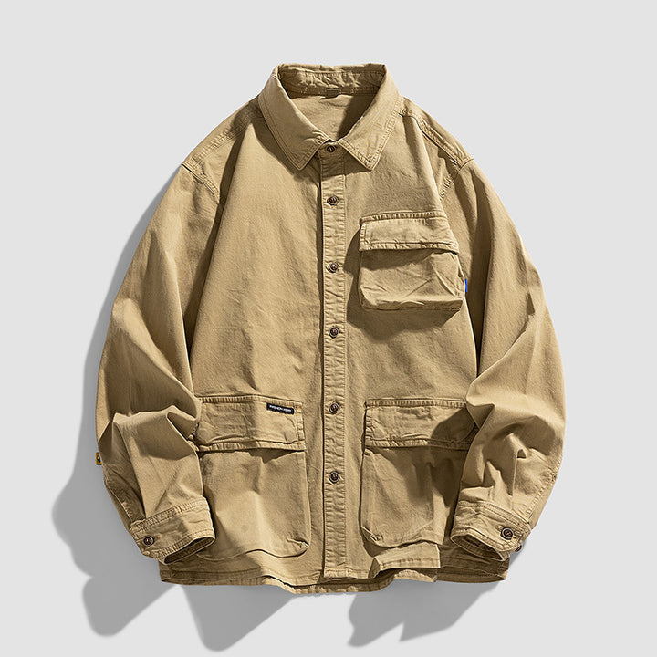 Herren Lockere Utility-Overshirt-Jacke mit Mehrfach‑Taschen aus robustem Baumwoll‑Twill Drune