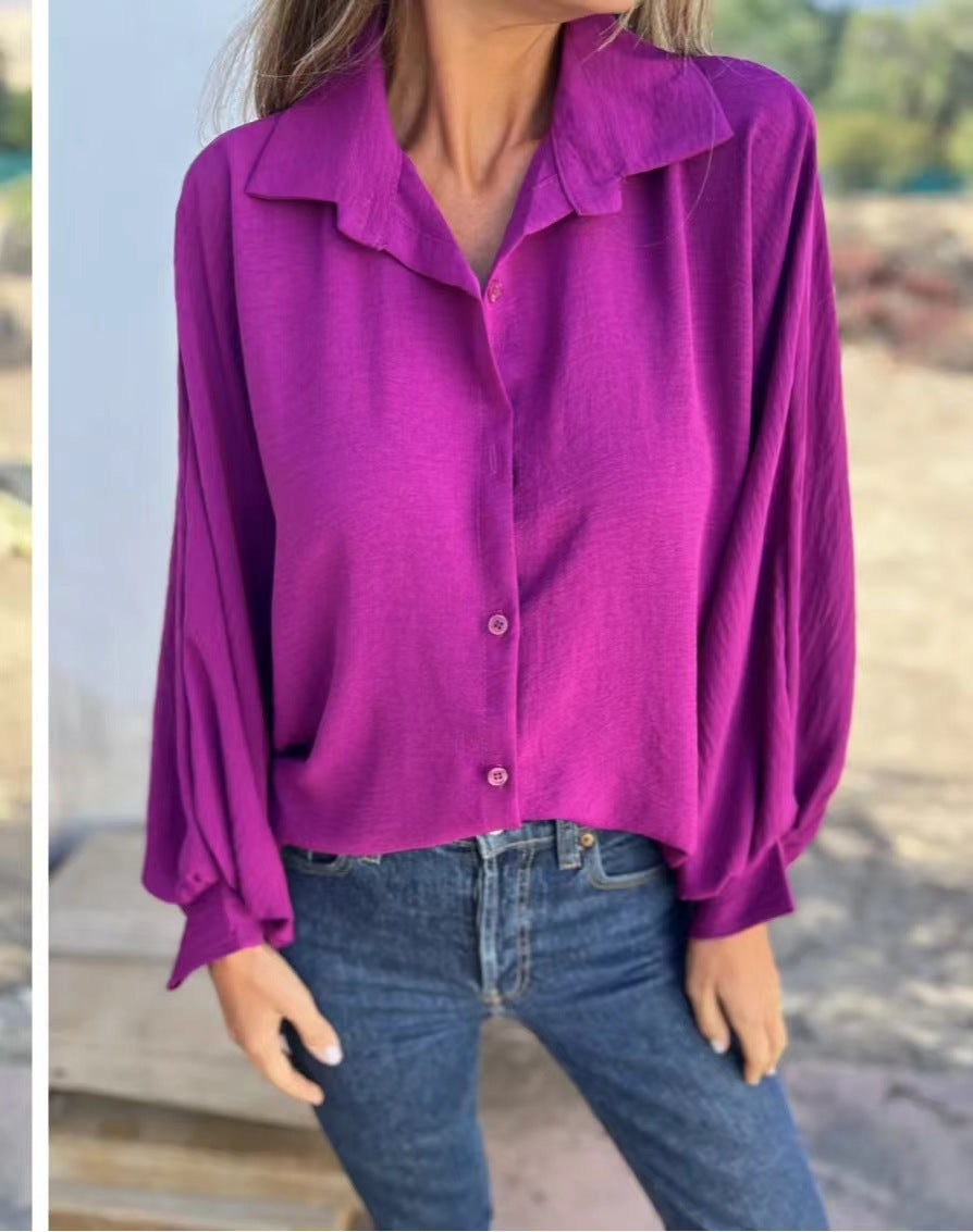 Damen Locker geschnittene Viskose-Hemdbluse mit Oversize-Schnitt und Ballonärmeln Drune