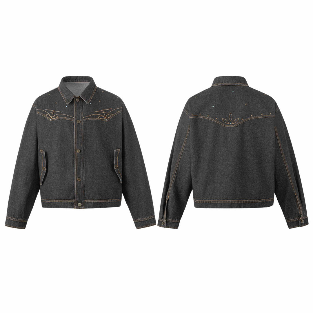 Unisex Boxy-Jeansblouson mit Sternstickerei und Ziernieten Drune