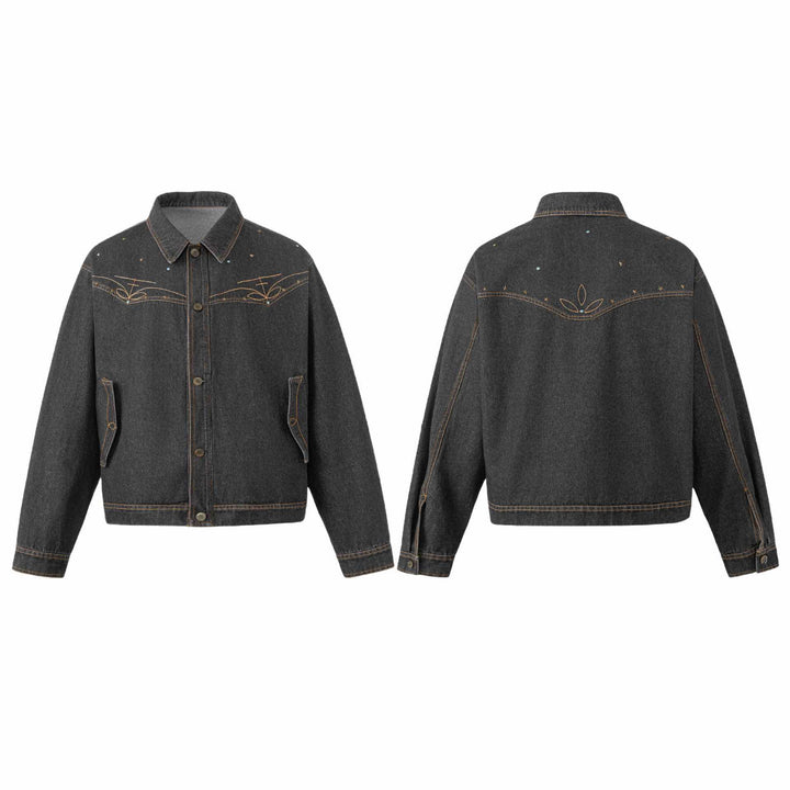 Unisex Boxy-Jeansblouson mit Sternstickerei und Ziernieten Drune