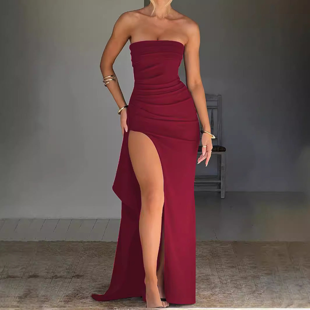 Damen Maxikleid mit Trägerlosem Oberteil und Elegantem Schlitz Drune