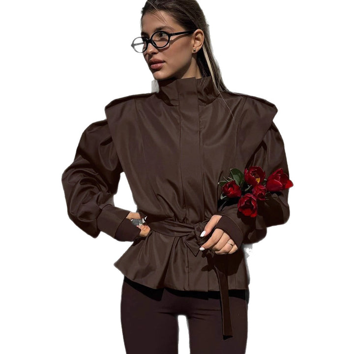 Damen elegante Utility-Jacke mit hochgeschlossenem Kragen und Taillengürtel Drune