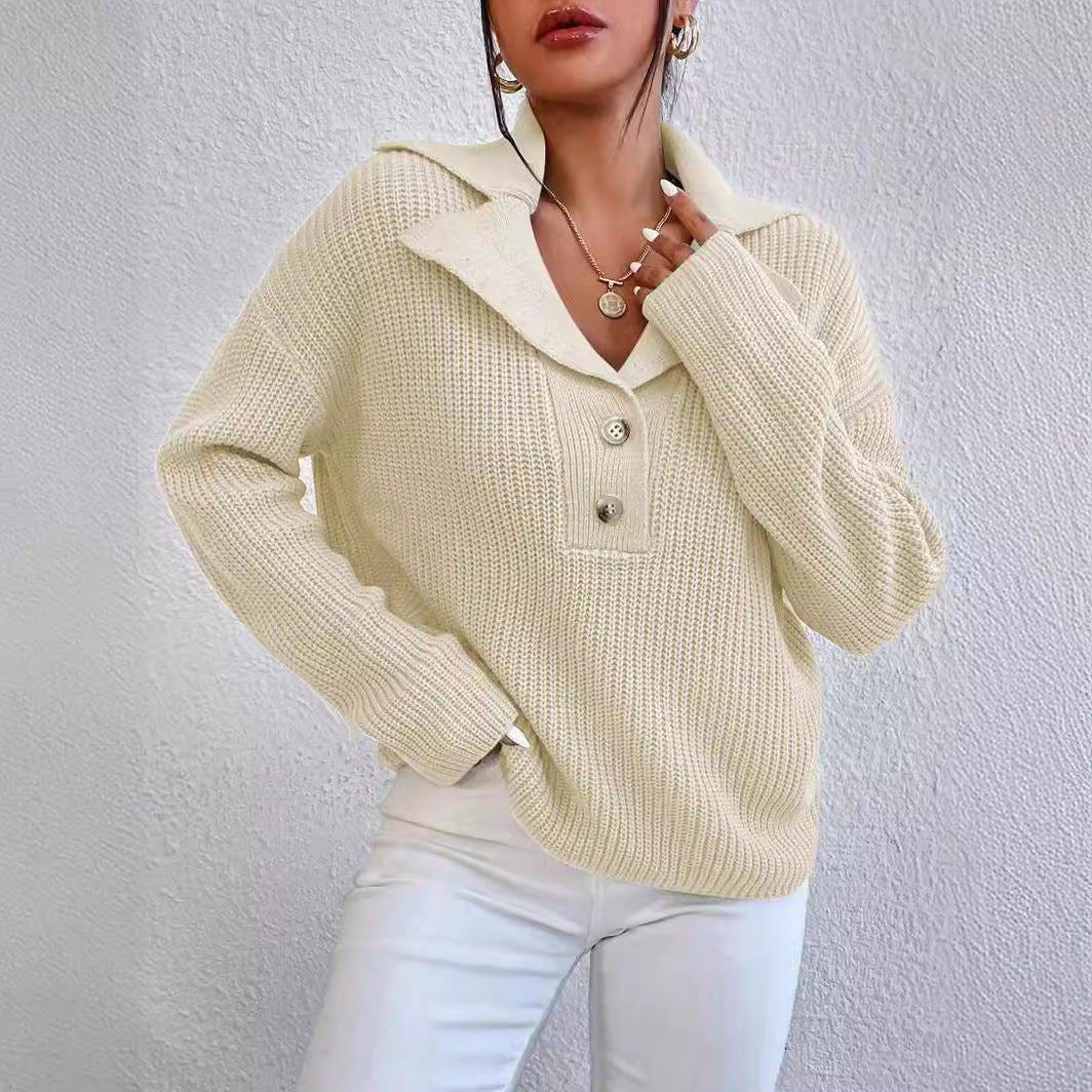 Damen eleganter und lässiger Strickpullover mit Kragen und Knopfleiste Drune