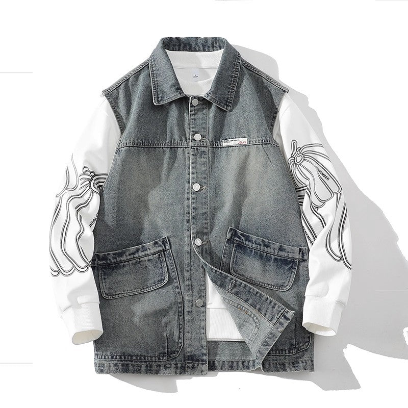 Herren Lässige Denim-Weste mit integriertem Sweatshirt-Ärmel und großen Pattentaschen Drune