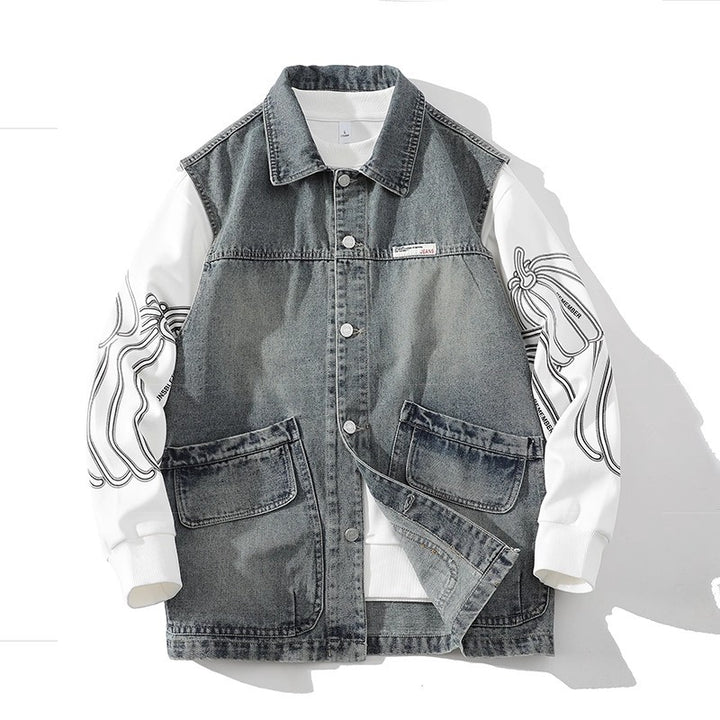 Herren Lässige Denim-Weste mit integriertem Sweatshirt-Ärmel und großen Pattentaschen Drune