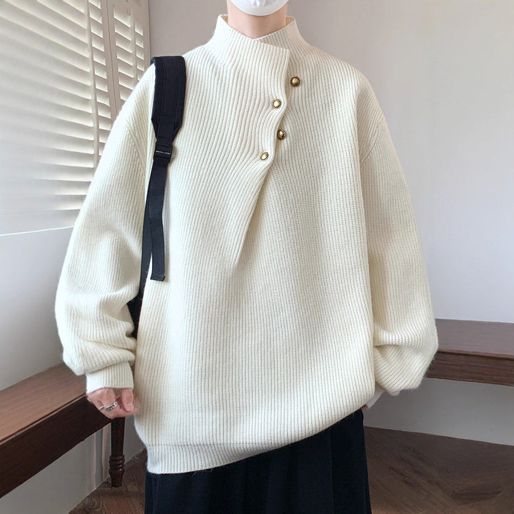Herren Oversize-Rippenpullover mit asymmetrischem Knopfkragen Drune