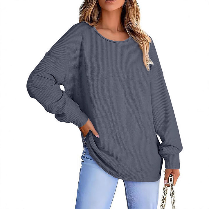 Damen Oversize Waffelstrickpullover mit Rundhals, Ballonärmeln und verlängertem Saum Drune