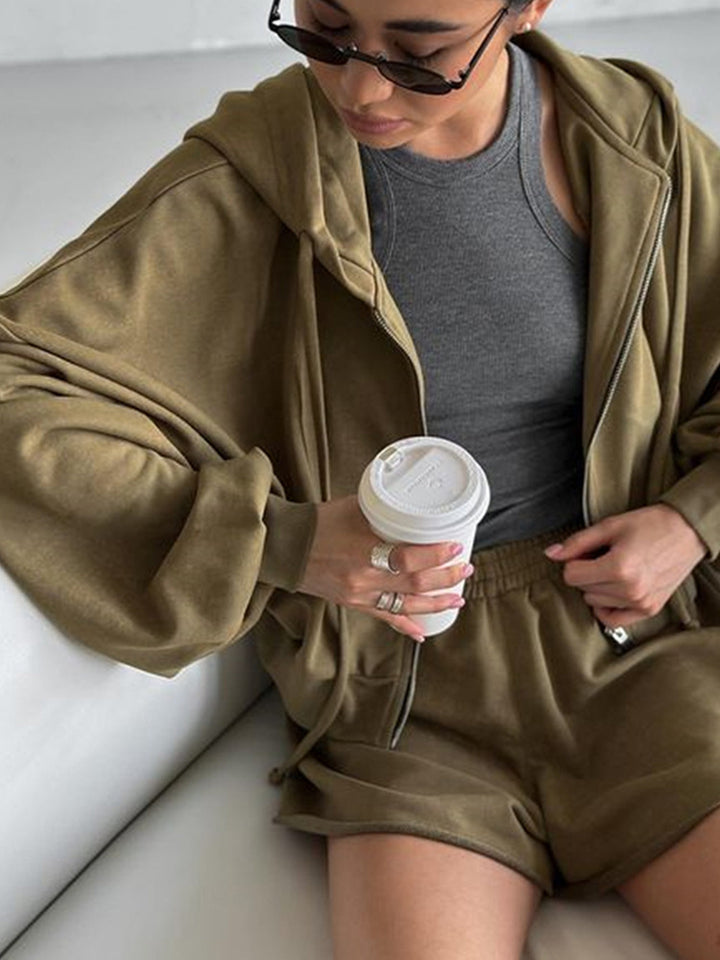 Damen oversized Cropped-Zip-Hoodie mit voluminösen Ballonärmeln und elastischer High‑Waist Loungeboxer-Shorts Drune