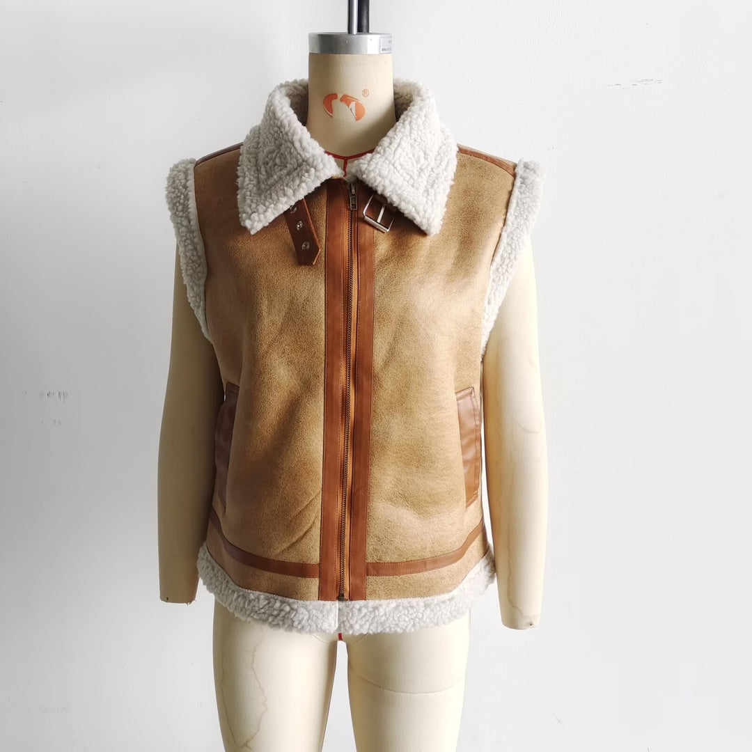 Damen nan wattierte Lammfellimitat-Weste mit großem Sherpa-Kragen, Reißverschluss und Eingrifftaschen Drune