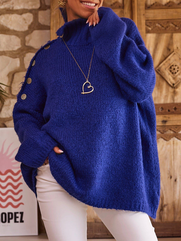 Damen Oversized Strickpullover mit hohen Kragen und dekorativen Knöpfen Drune