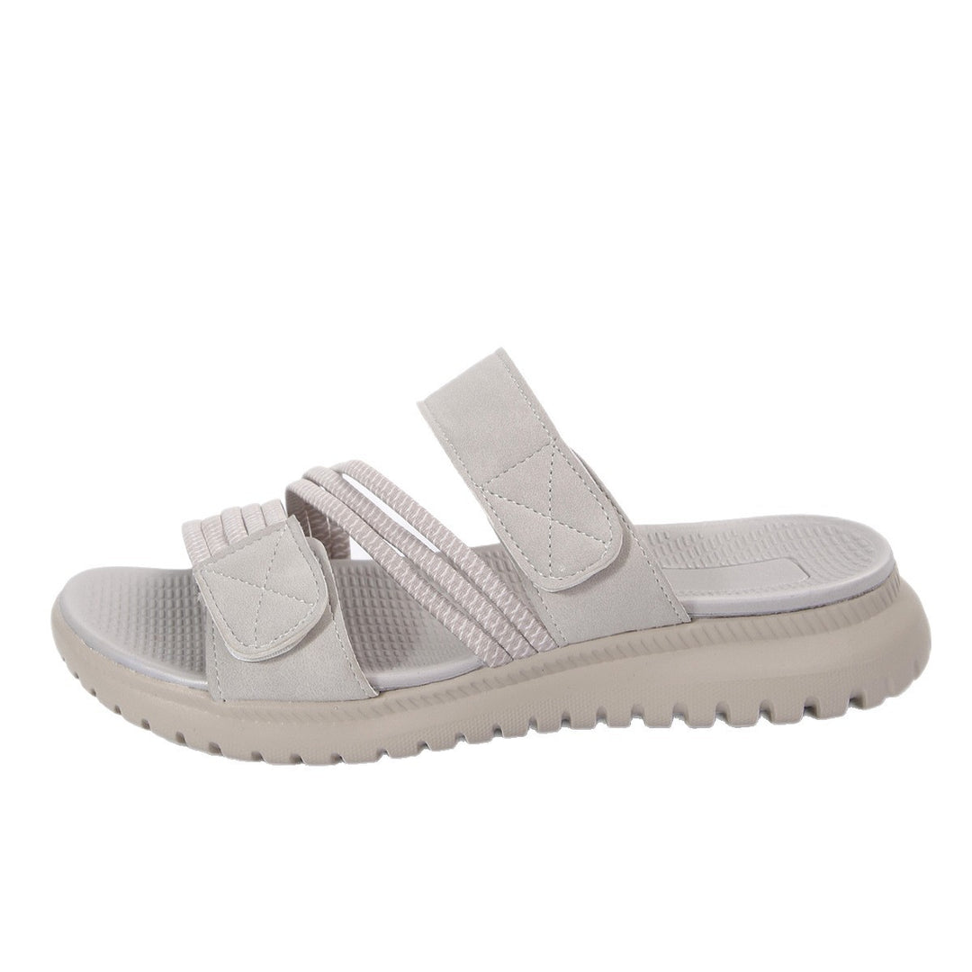 Damen Komfort-Pantolette mit verstellbaren Klettriemen, elastischen Zierbändern und stoßdämpfender Profilsohle Drune