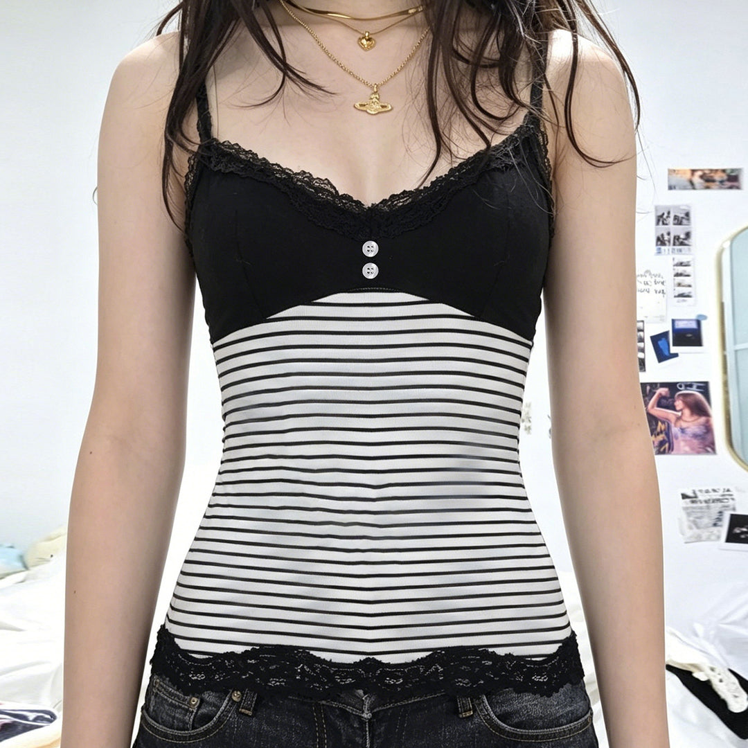 Damen Trägershirt mit dekorativer Spitze und gestreiftem Design Drune