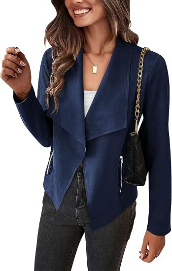 Damen Velourslederimitat-Wasserfallblazer mit asymmetrischem Saum und Reißverschlusstaschen Drune