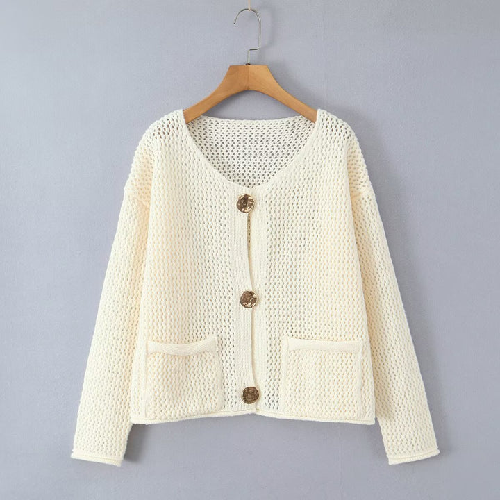 Damen luftige Strickjacke mit dekorativem Knopfverschluss und praktischen Taschen Drune