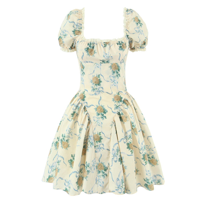 Damen Blumenkleid mit Puffärmeln und Rüschen Drune