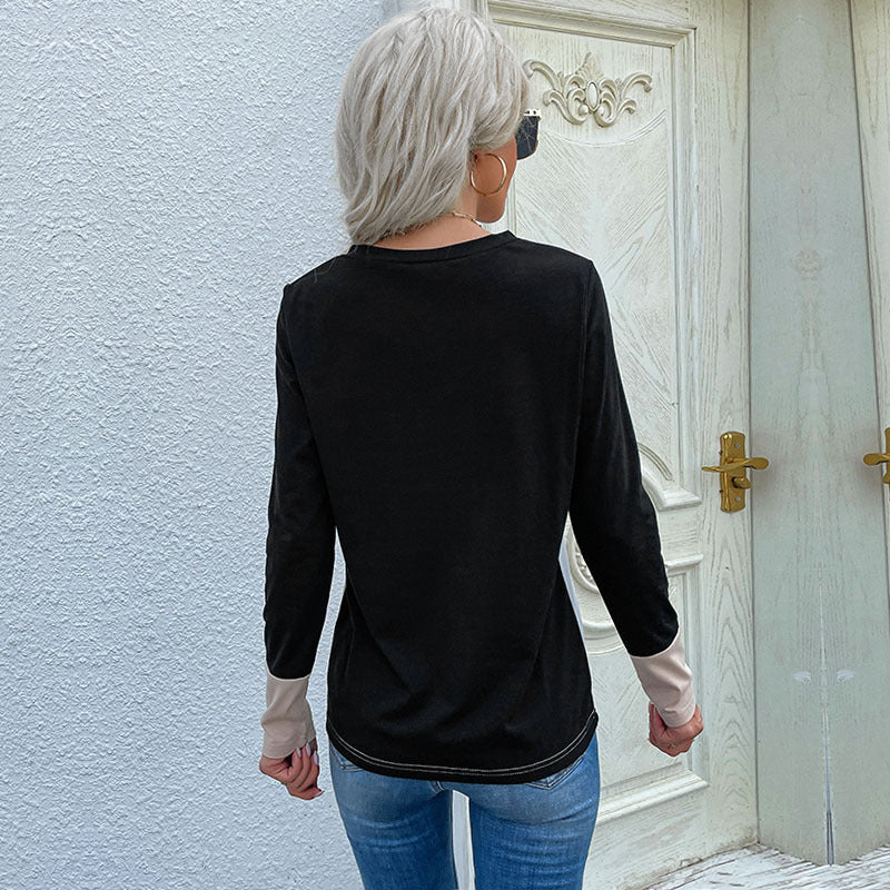 Damen Elegantes Colorblock-Langarmshirt mit V‑Ausschnitt und Brusttasche Drune