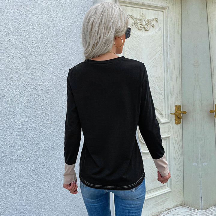 Damen Elegantes Colorblock-Langarmshirt mit V‑Ausschnitt und Brusttasche Drune