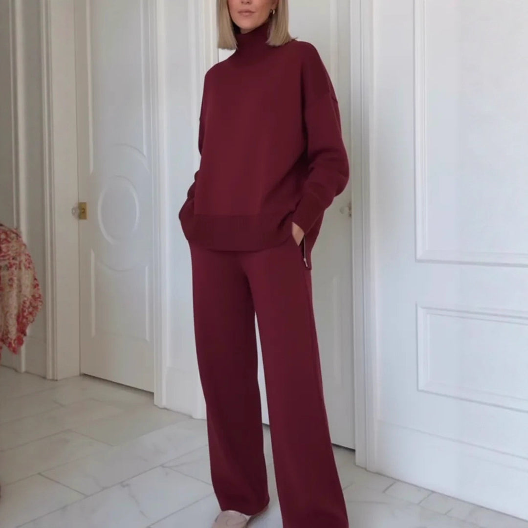 Damen Bequemes Strick-Loungewear-Set mit hochgeschlossenem Pullover und weit geschnittenen Hosen Drune