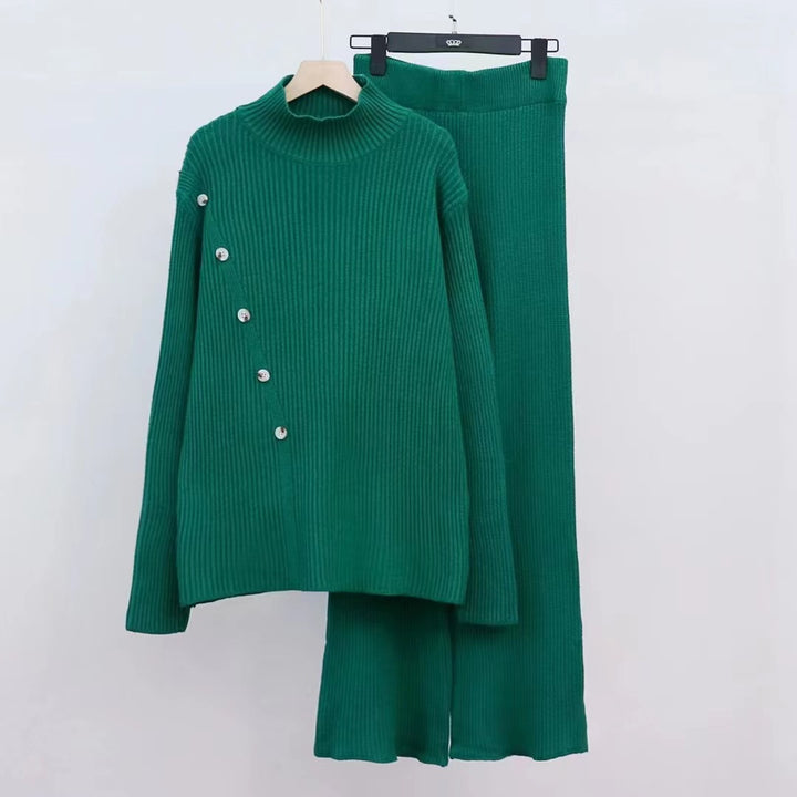 Damen Strickensemble mit hohem Kragen und eleganten Knopfdetails Drune