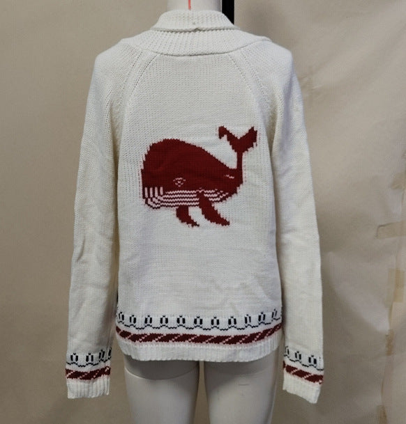 Damen Oversize Strickcardigan mit Walmotiv und nautischer Kontrastbordüre Drune