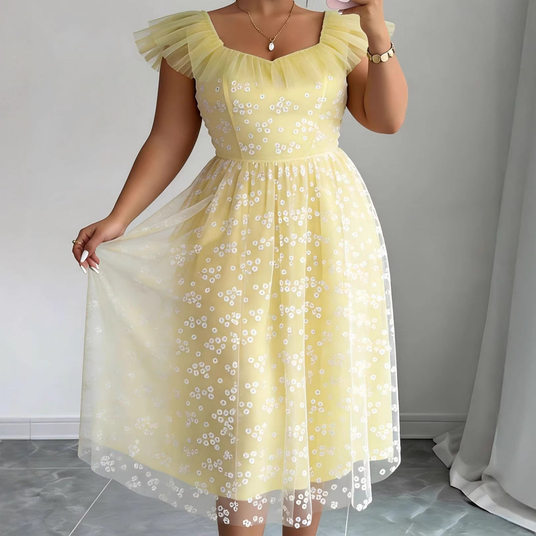 Damen Elegantes Tüllkleid mit floralem Muster und Puffärmeln Drune