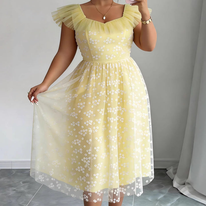 Damen Elegantes Tüllkleid mit floralem Muster und Puffärmeln Drune