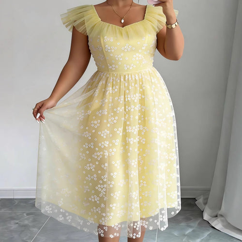 Damen Elegantes Tüllkleid mit floralem Muster und Puffärmeln Drune