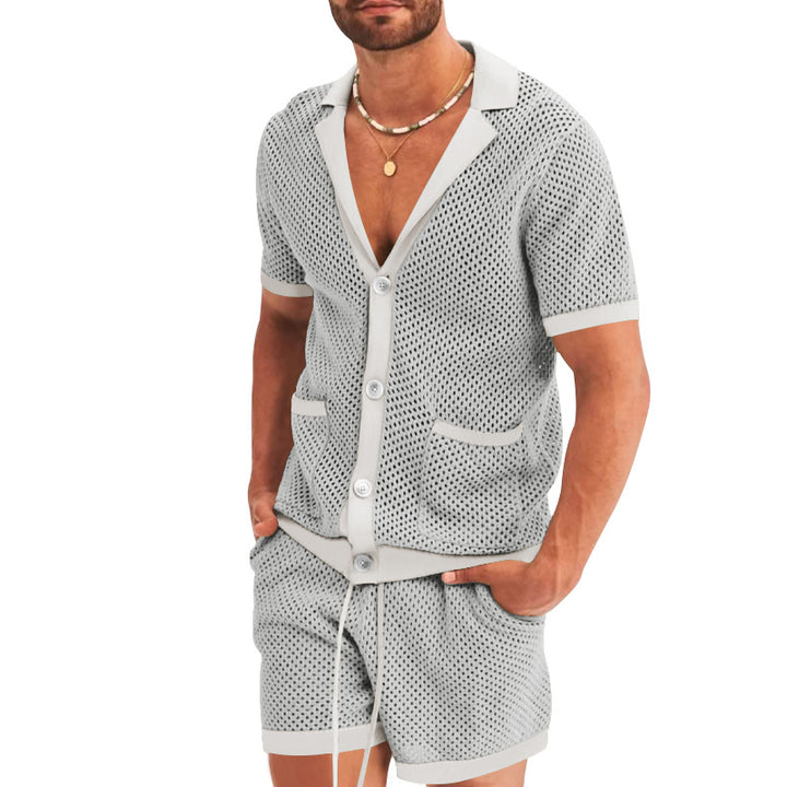 Herren nan offener Netzstrick-Cardigan mit passenden Kordelzug-Shorts Drune