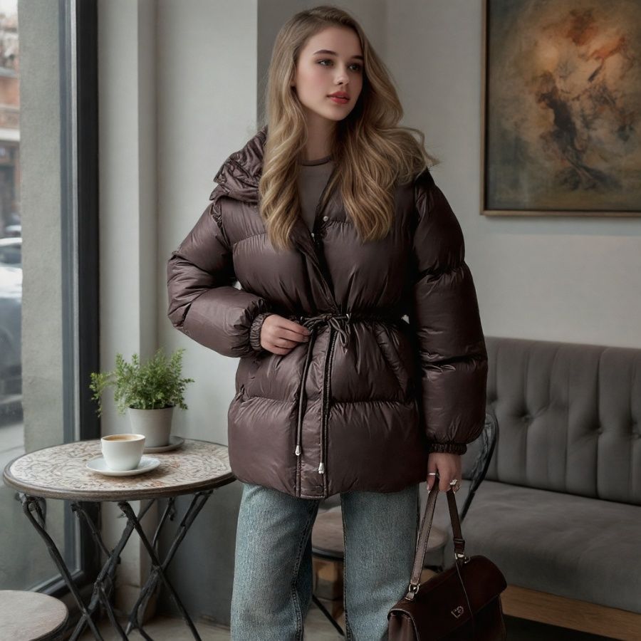 Damen Taillierte Steppjacke in Daunenoptik mit Tunnelzug und Kapuze Drune