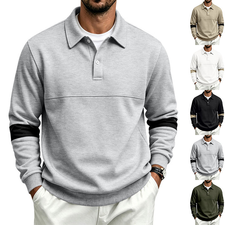 Herren Langärmeliges Poloshirt-Sweatshirt mit verdeckter Knopfleiste, Brustnaht und Kontraststreifen Drune