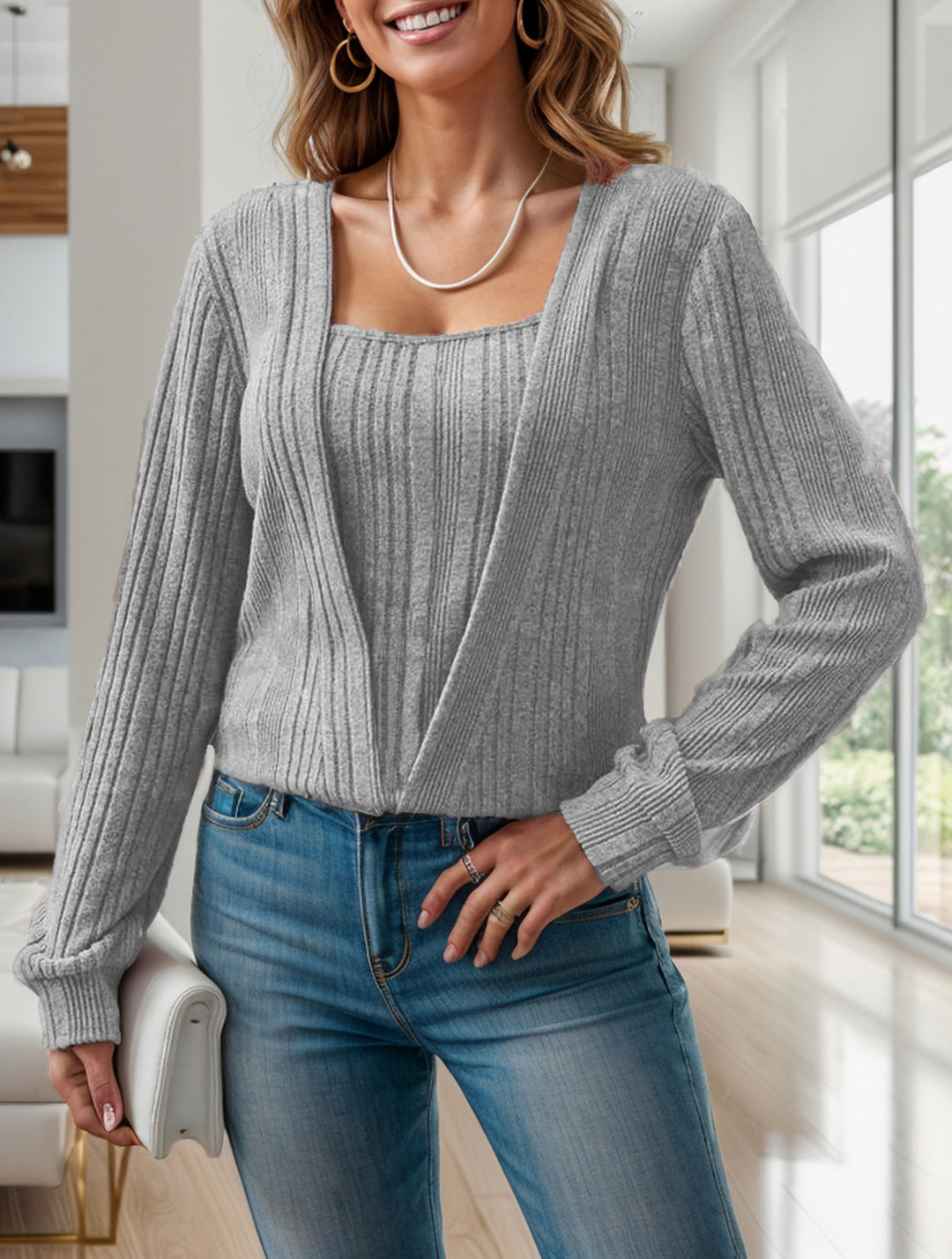 Damen lässiger Strickpullover mit tiefem V-Ausschnitt und Rippenstruktur Drune