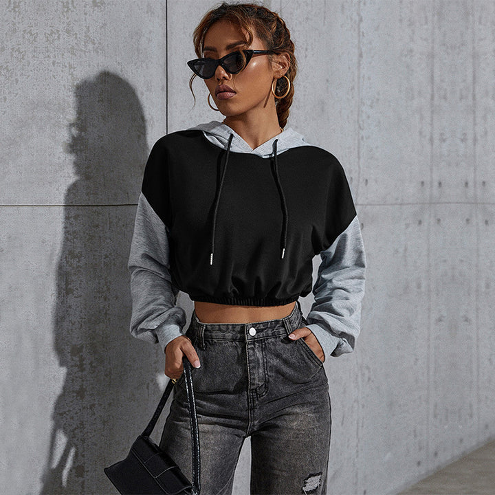 Damen Kurz geschnittener Cropped-Hoodie mit Colorblock-Ärmeln, Tunnelzug und elastischem Saum Drune