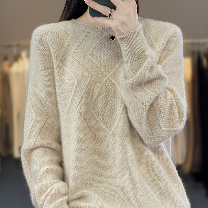Damen Weicher Rautenmuster-Pullover im Mohair‑Look mit feiner Ajourstruktur und Rundhalsausschnitt Drune