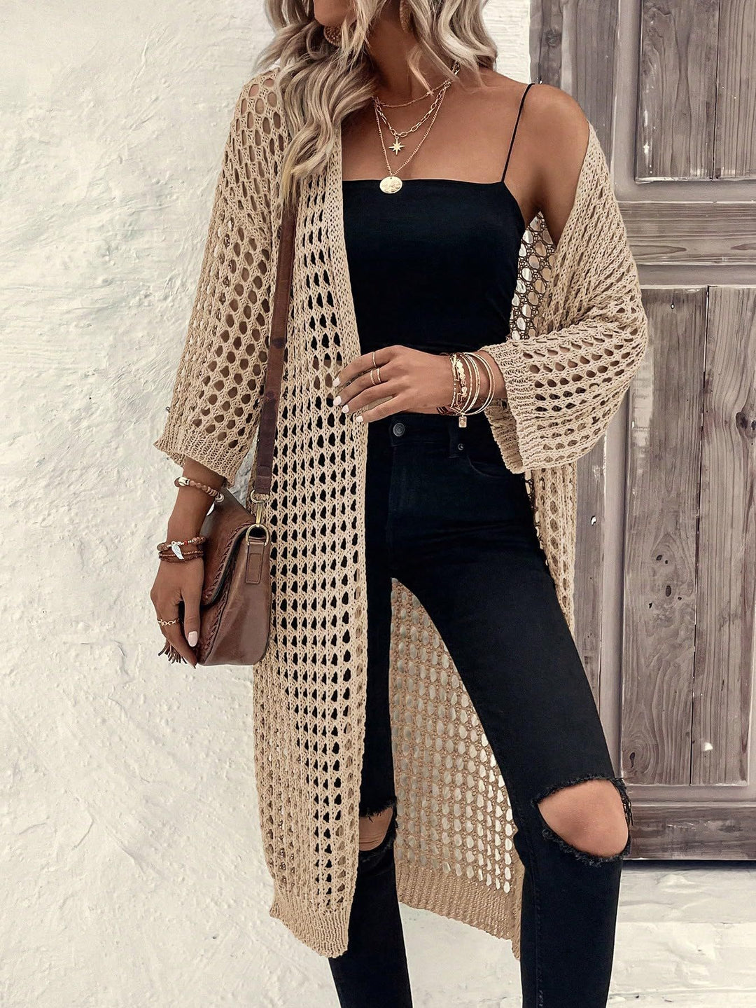 Damen Luftige Häkeljacke mit offenem Design und weiten Ärmeln Drune