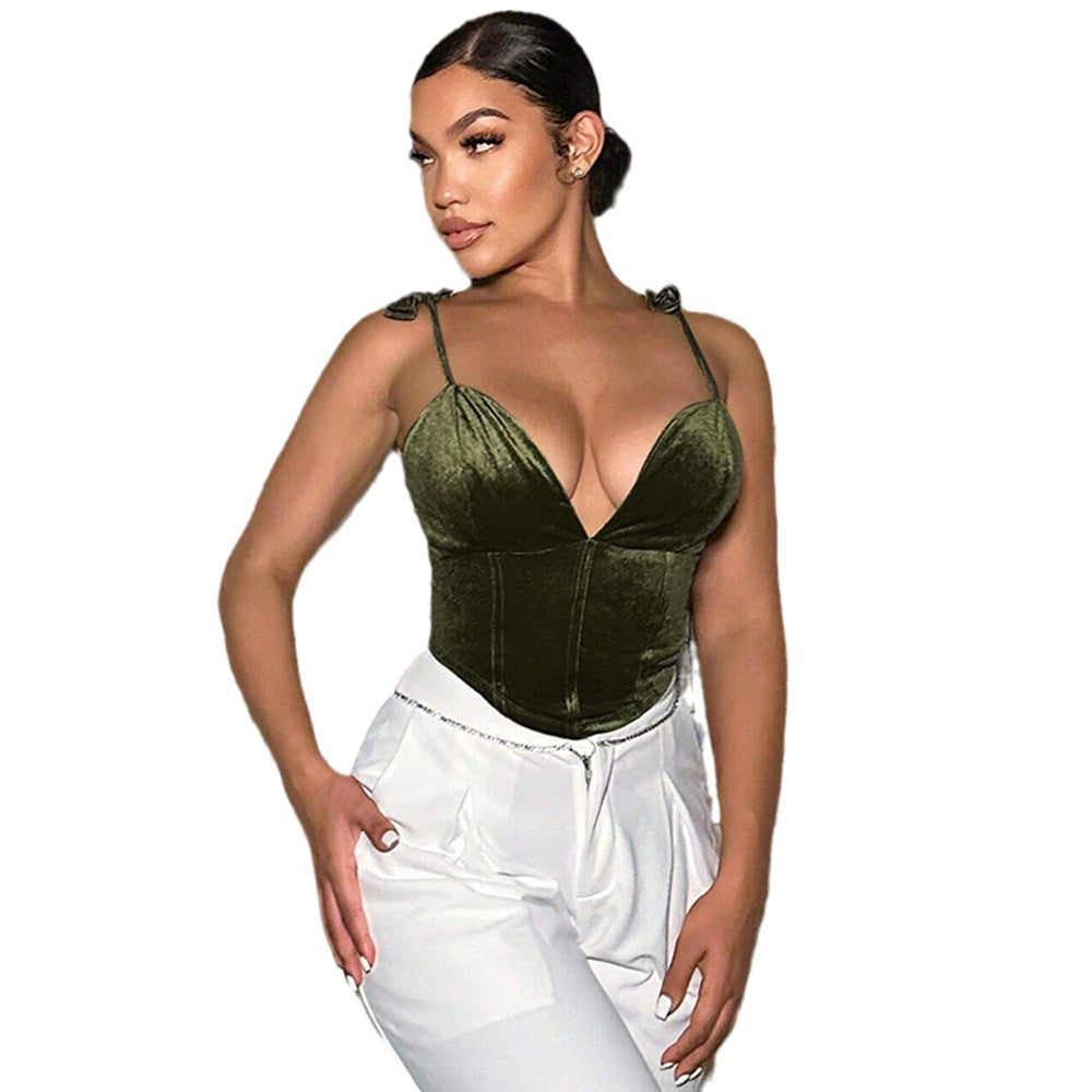 Damen Elegantes Samtoberteil mit tiefem V-Ausschnitt und verstellbaren Trägern Drune