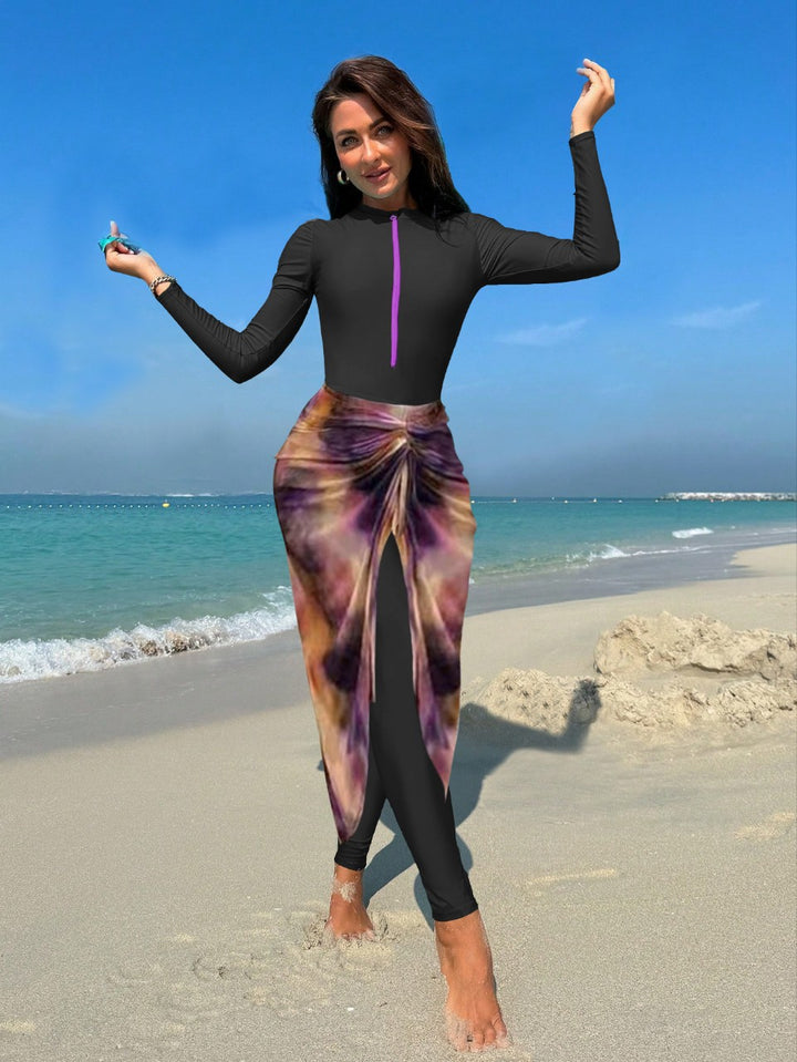 Damen Modischer UV-Schutz-Schwimmanzug mit langem Arm und asymmetrischem Rock Drune